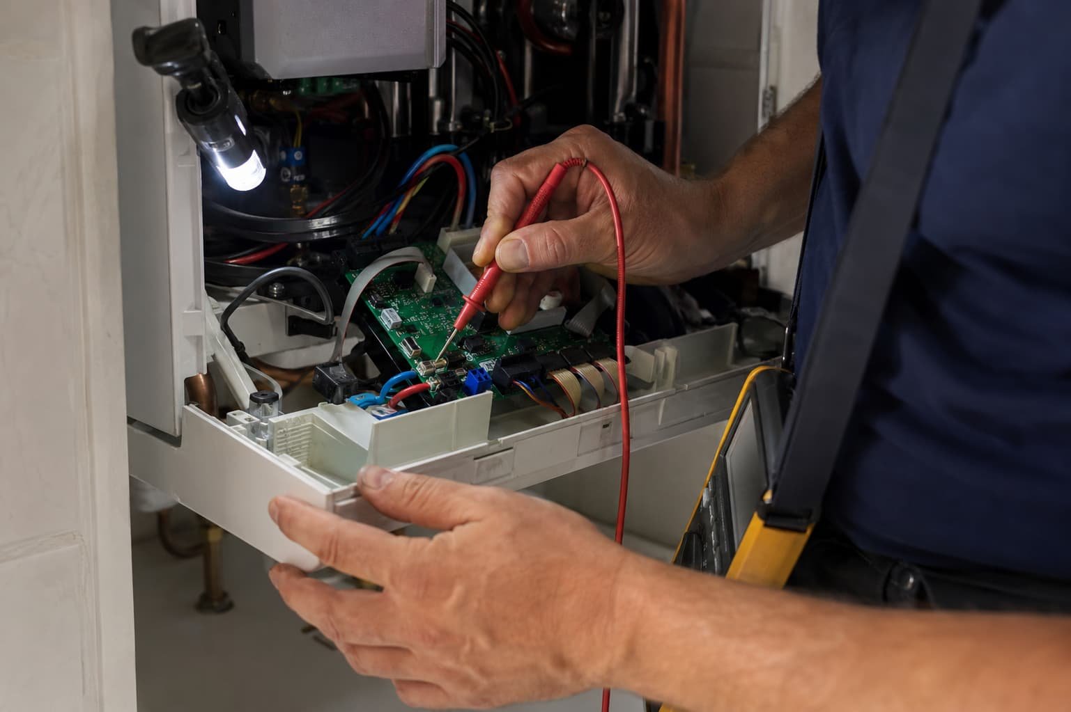 Boiler repair in Rotherham, engineer testing the control board