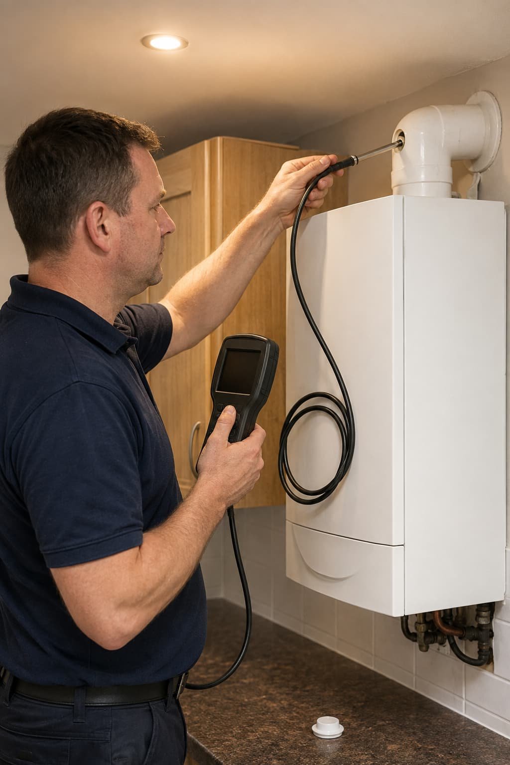 Boiler servicing in Rotherham, flue gas analyser in use